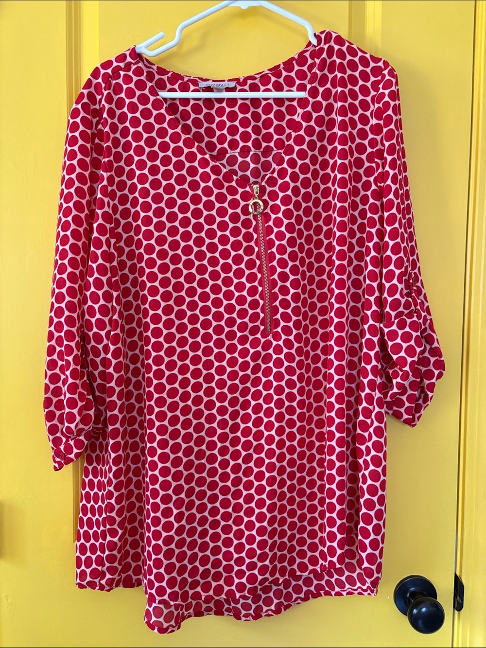 Roz & Ali Red and White Polka Dot Zip-Front Blouse
